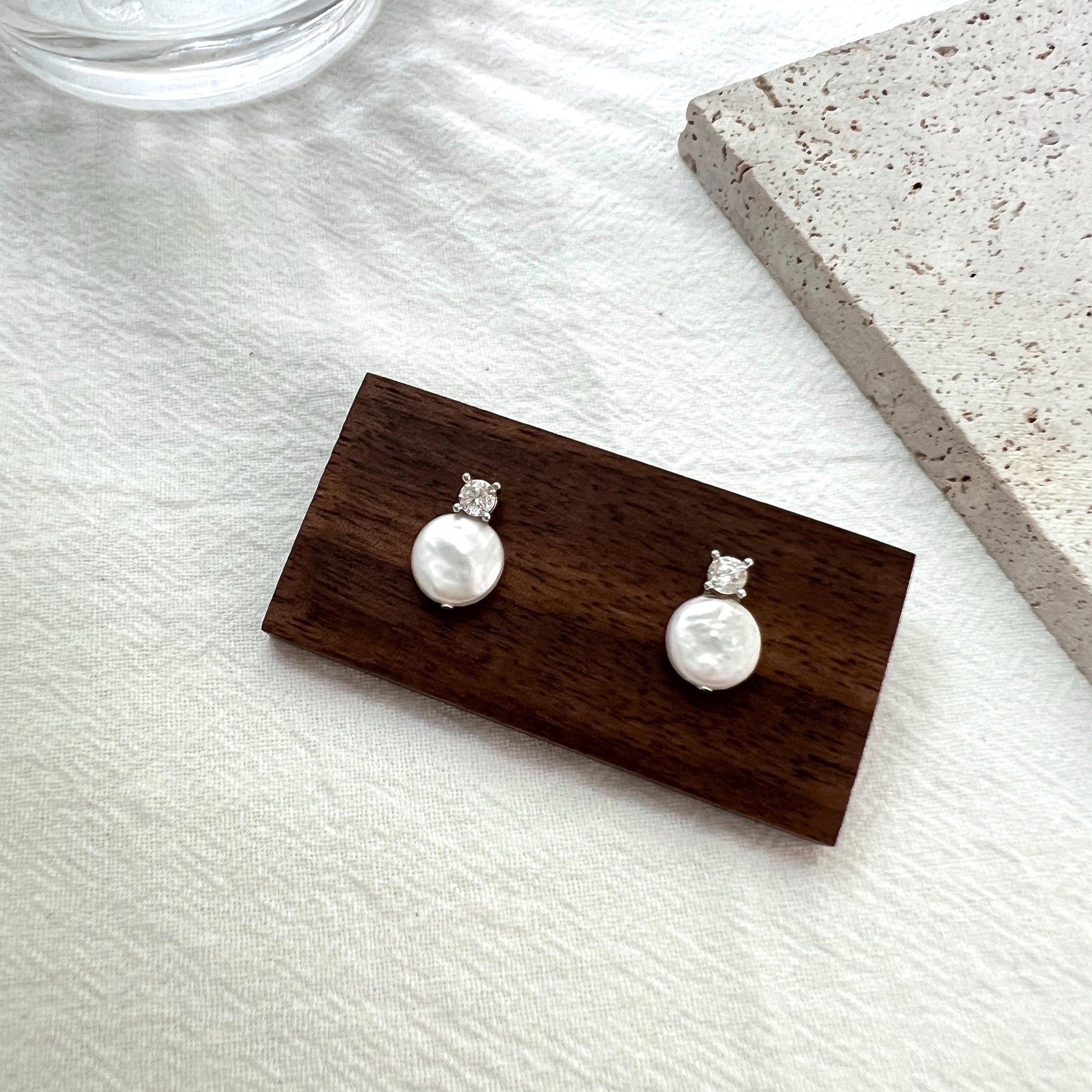 Baroque Pearl Stud Earrings,Minimalist Silver Cubic Zirconia Earrings Stud,Dainty Coin Pearl,Wedding Jewelry,Bridal Earrings,Birthday Gift