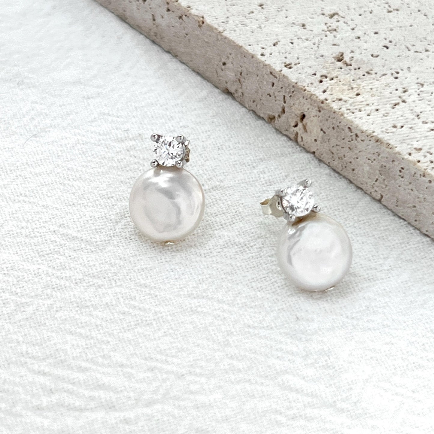 Baroque Pearl Stud Earrings,Minimalist Silver Cubic Zirconia Earrings Stud,Dainty Coin Pearl,Wedding Jewelry,Bridal Earrings,Birthday Gift