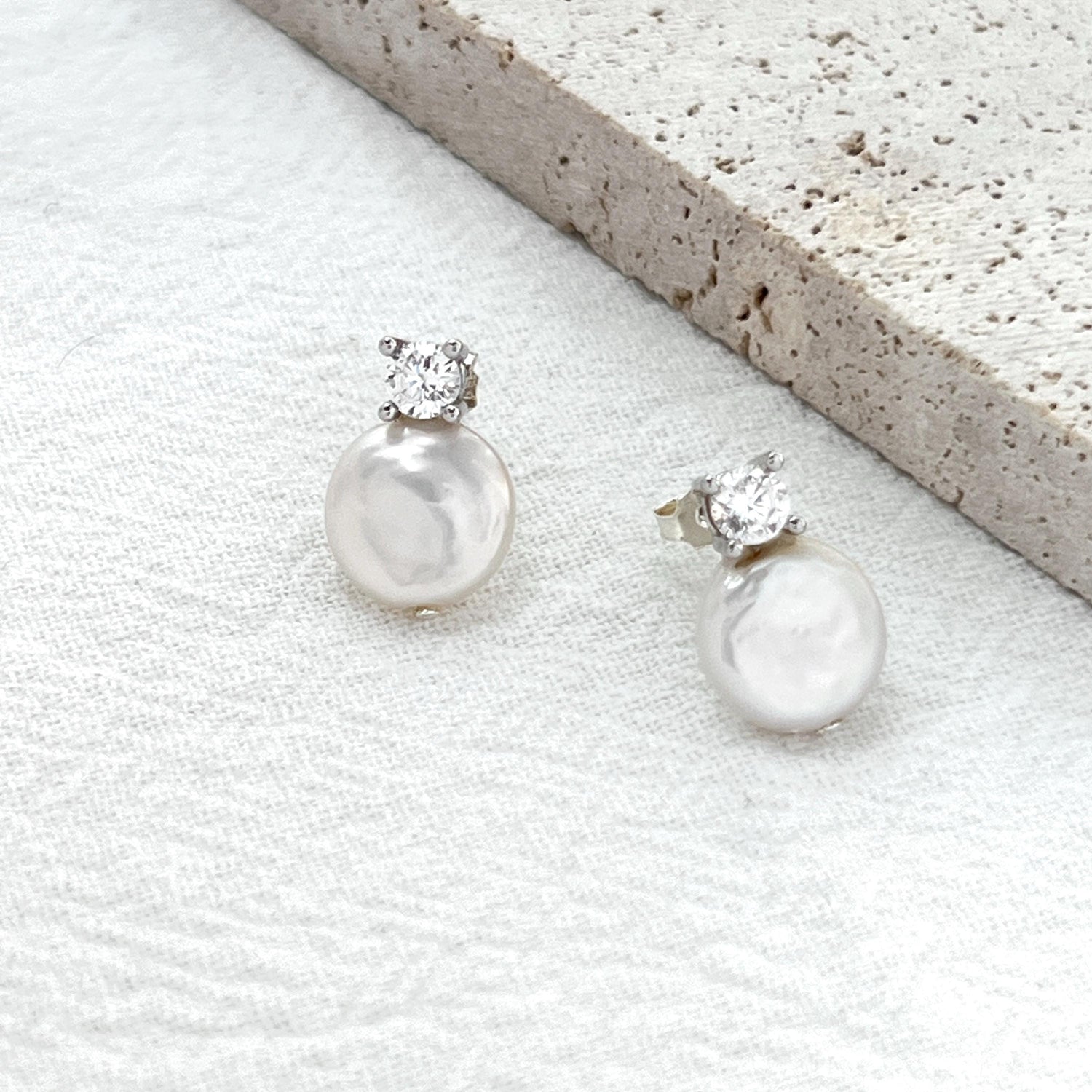 Baroque Pearl Stud Earrings,Minimalist Silver Cubic Zirconia Earrings Stud,Dainty Coin Pearl,Wedding Jewelry,Bridal Earrings,Birthday Gift