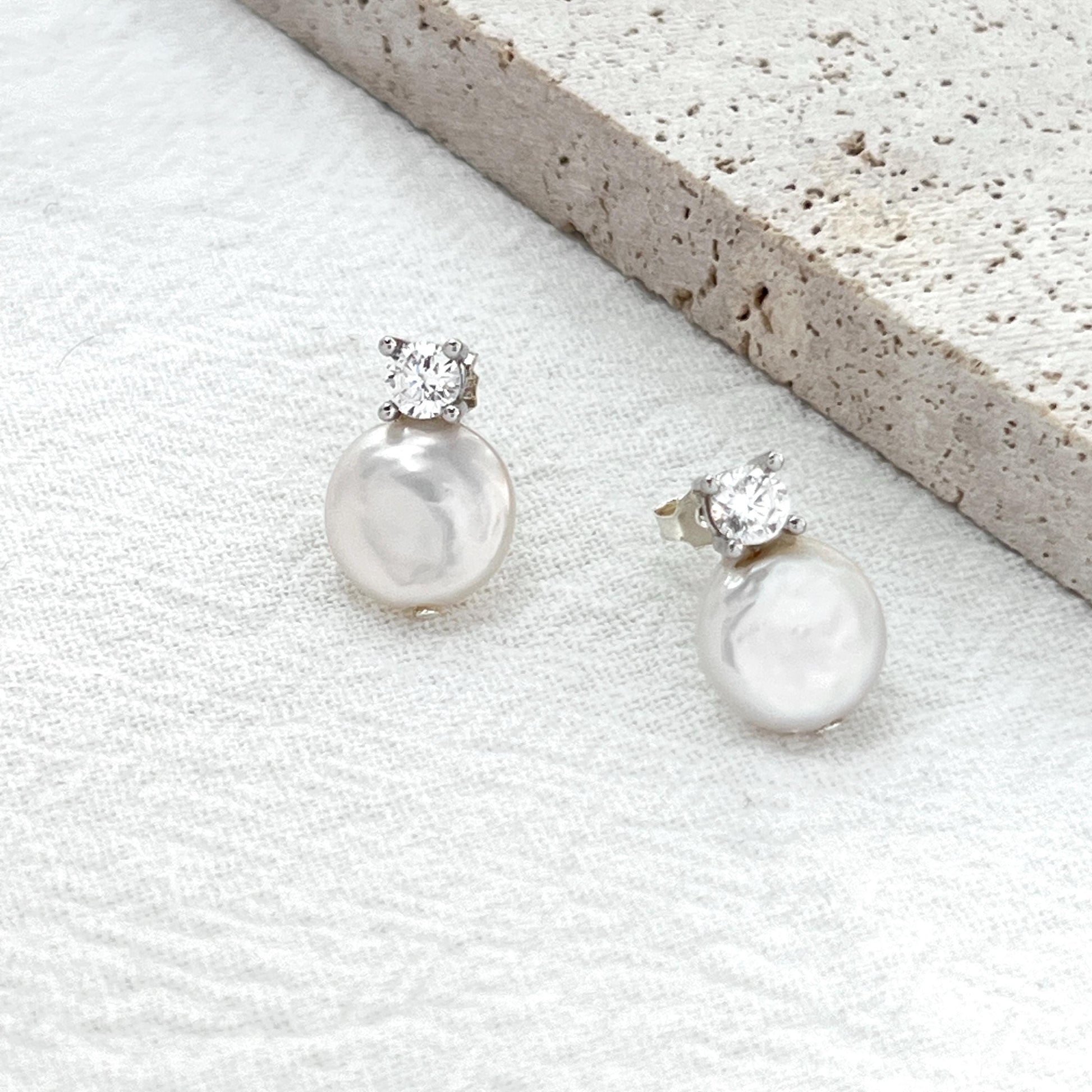Baroque Pearl Stud Earrings,Minimalist Silver Cubic Zirconia Earrings Stud,Dainty Coin Pearl,Wedding Jewelry,Bridal Earrings,Birthday Gift