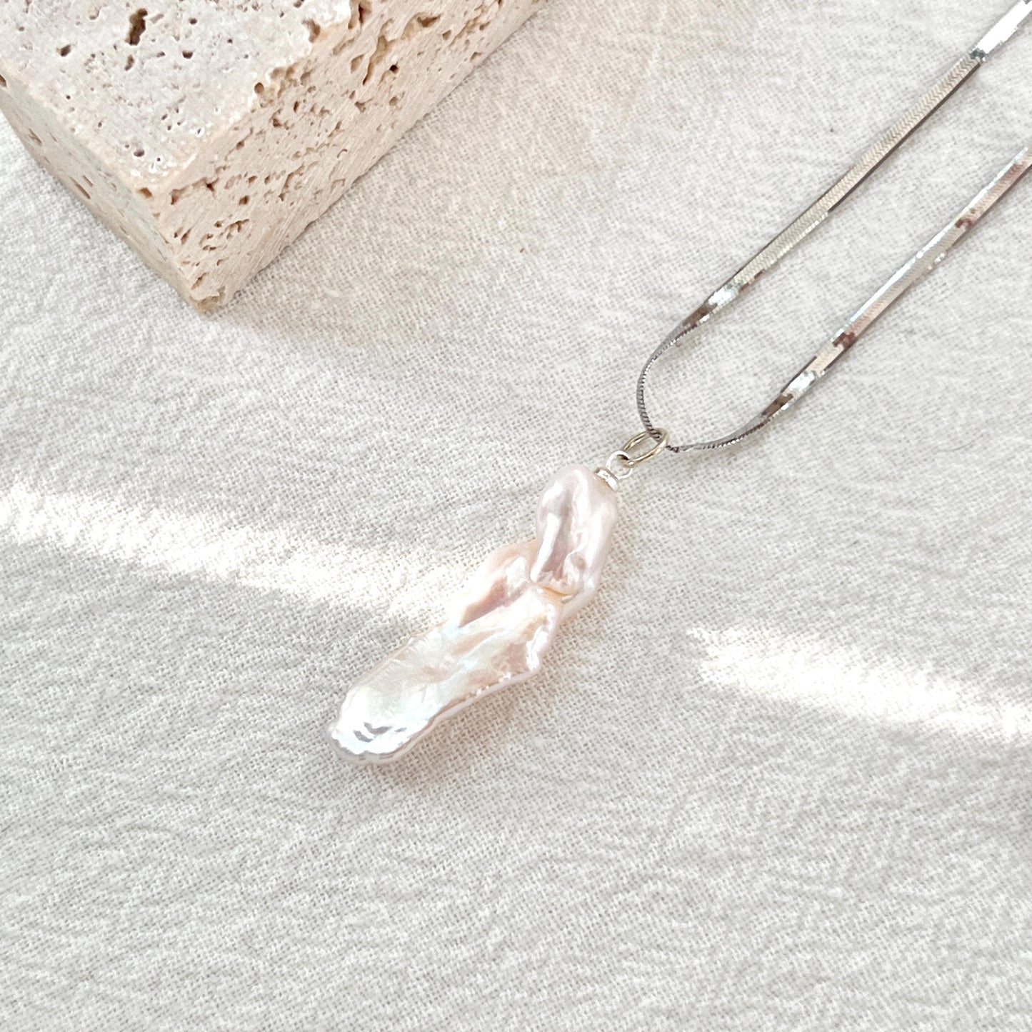 Sterling Silver Herringbone Chain Baroque Pearl Pendant Necklace,Snake Chain,Layering Necklace,Everyday Necklace For Women,Birthday Gifts