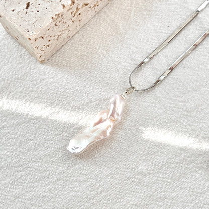 Sterling Silver Herringbone Chain Baroque Pearl Pendant Necklace,Snake Chain,Layering Necklace,Everyday Necklace For Women,Birthday Gifts