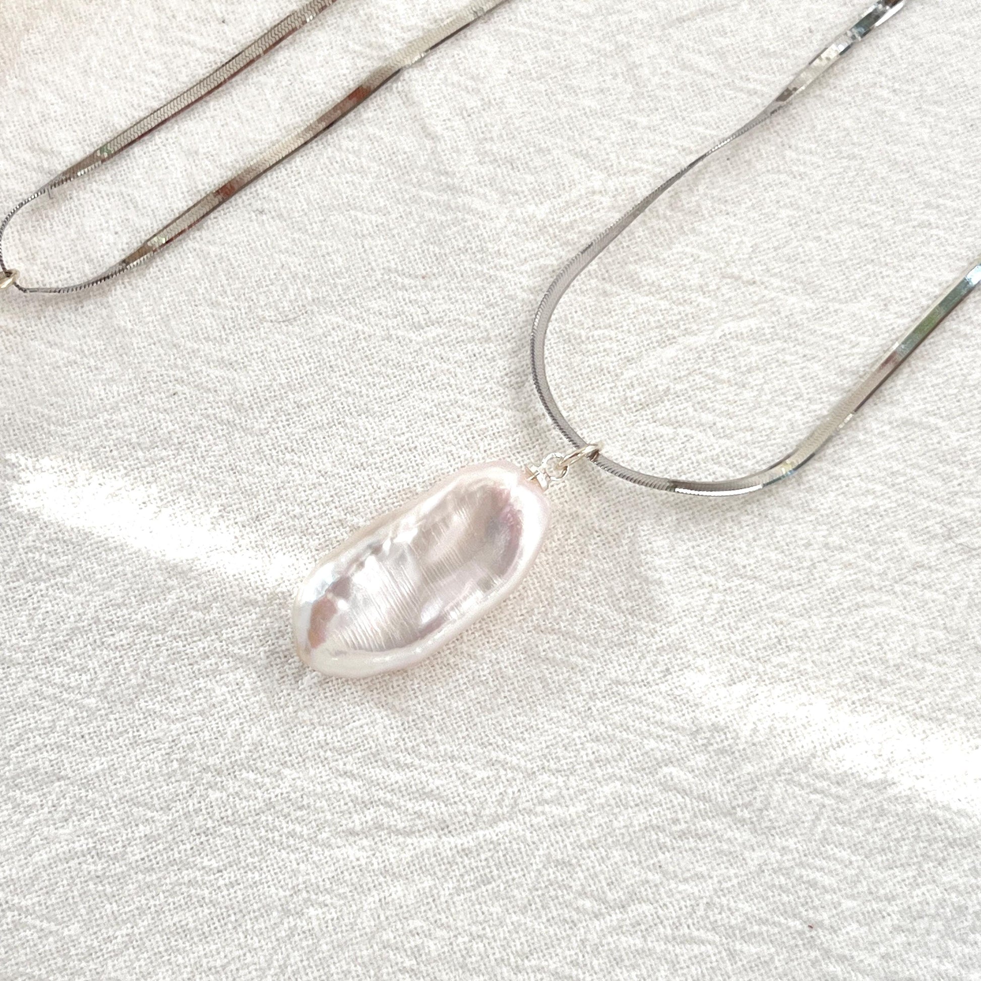 Sterling Silver Herringbone Chain Baroque Pearl Pendant Necklace,Snake Chain,Layering Necklace,Everyday Necklace For Women,Birthday Gifts