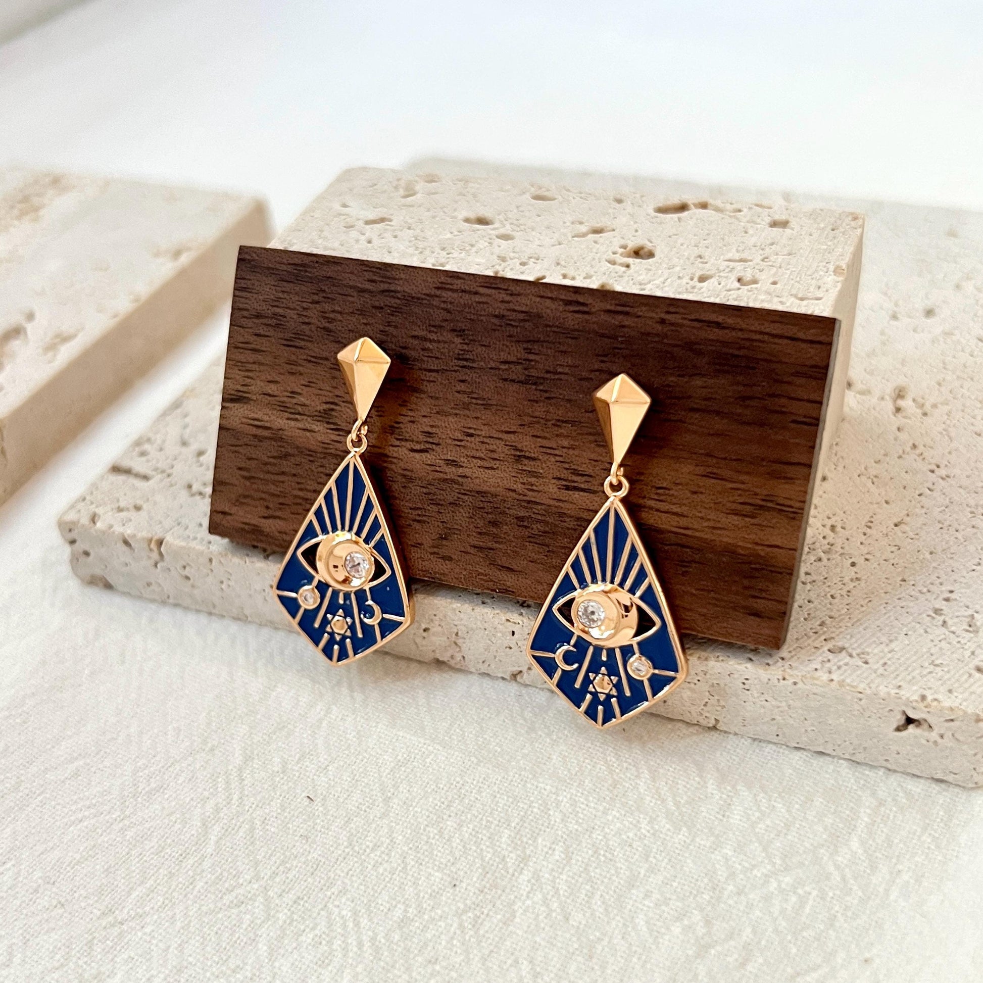 18K Vintage Gold Moon Star Celestial Dangle Earrings,Blue Enamel CZ Eye Earrings,Minimalist Dainty Everyday Earrings,Birthday Gifts For Her