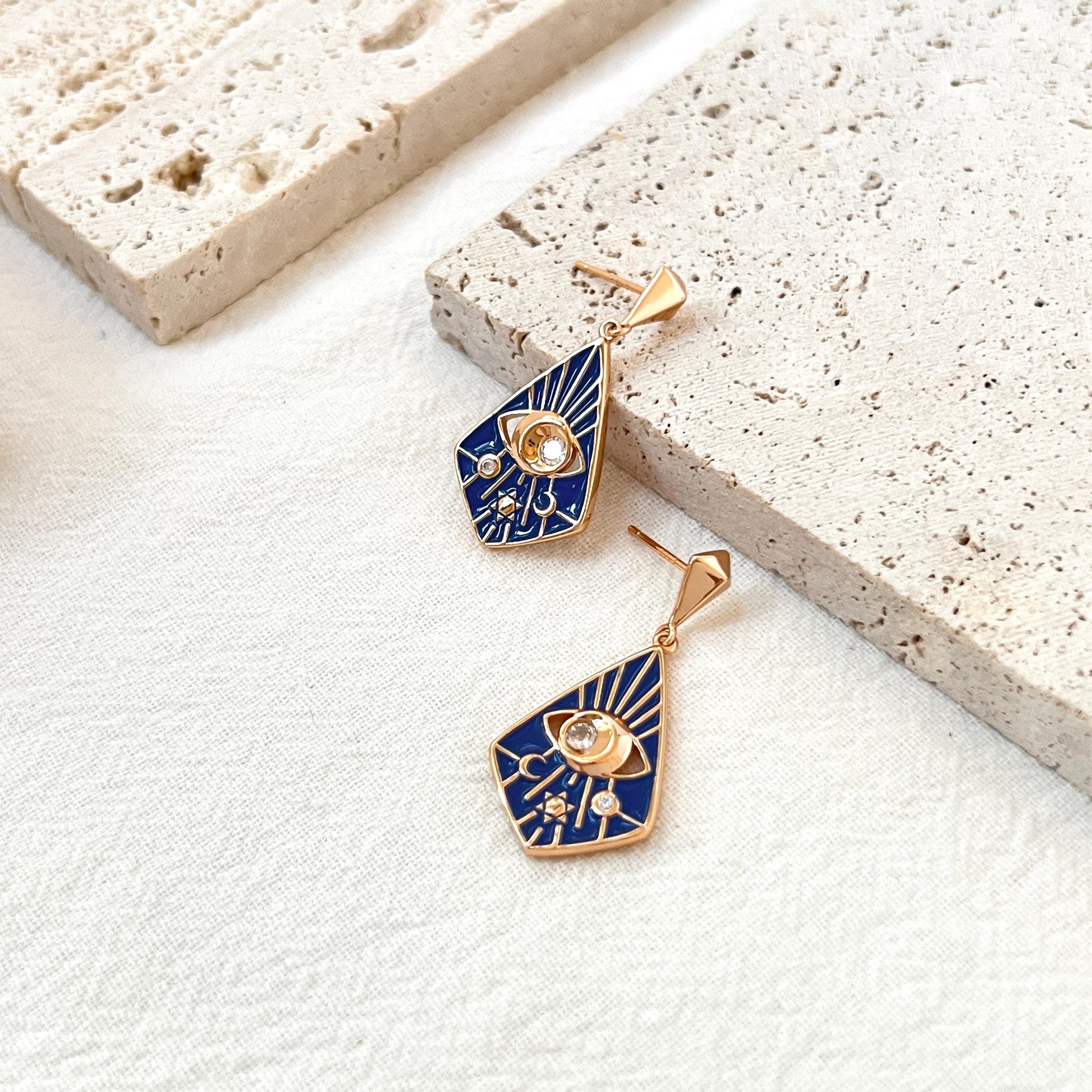 18K Vintage Gold Moon Star Celestial Dangle Earrings,Blue Enamel CZ Eye Earrings,Minimalist Dainty Everyday Earrings,Birthday Gifts For Her