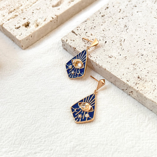 18K Vintage Gold Moon Star Celestial Dangle Earrings,Blue Enamel CZ Eye Earrings,Minimalist Dainty Everyday Earrings,Birthday Gifts For Her