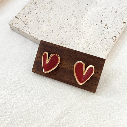 18K Gold Red Enamel Love Heart Stud Earrings,Dainty Minimalist Everyday Earrings Studs,Anniversary Gift,Birthday Gift,Christmas Gift For Her