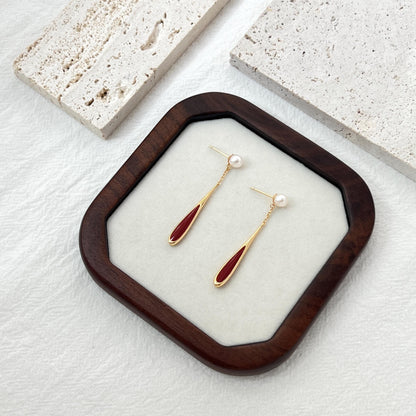 18K Gold Real Pearl Long Dangle Earrings,Dainty Red Enamel Drop Earrings,Minimalist New Year Earrings,Christmas Gift,Birthday Gift For Her