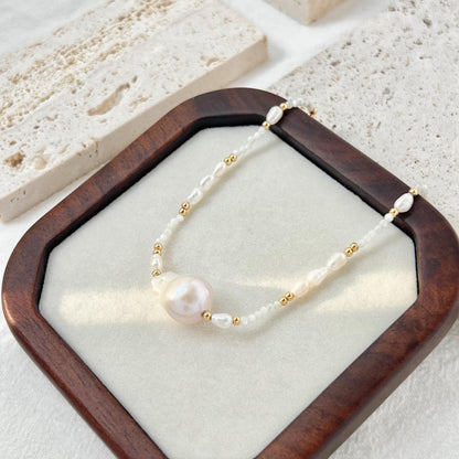 18K Vintage Gold Baroque Pearl Choker Necklace,Minimalist Wedding Bridal Jewelry,Dainty Pearl Beaded Necklace,Bridesmaid Gift,Birthday Gift