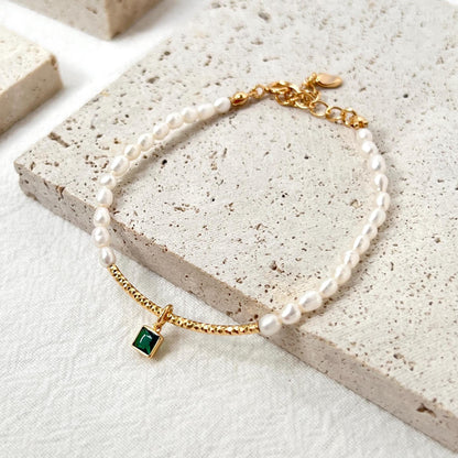 18K Gold Dainty Green CZ Charm Baroque Pearl Beads Bracelet,Minimalist Elegant Beaded Bracelet,Wedding Bridal Jewelry,Birthday Gift For Her
