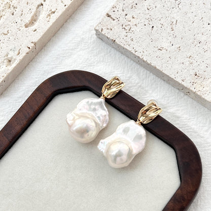18K Gold Large Baroque Pearl Drop Earrings,Chunky High Luster Pearl Dangling Statement Earrings,Wedding Bridal Jewelry,Birthday Gift For Her