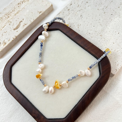 Colorful Dainty Baroque Pearl Lapis Lazuli Beeswax Beaded Choker Necklace,Minimalist Everyday Gemstone Necklace,Wedding Gifts,Birthday Gifts