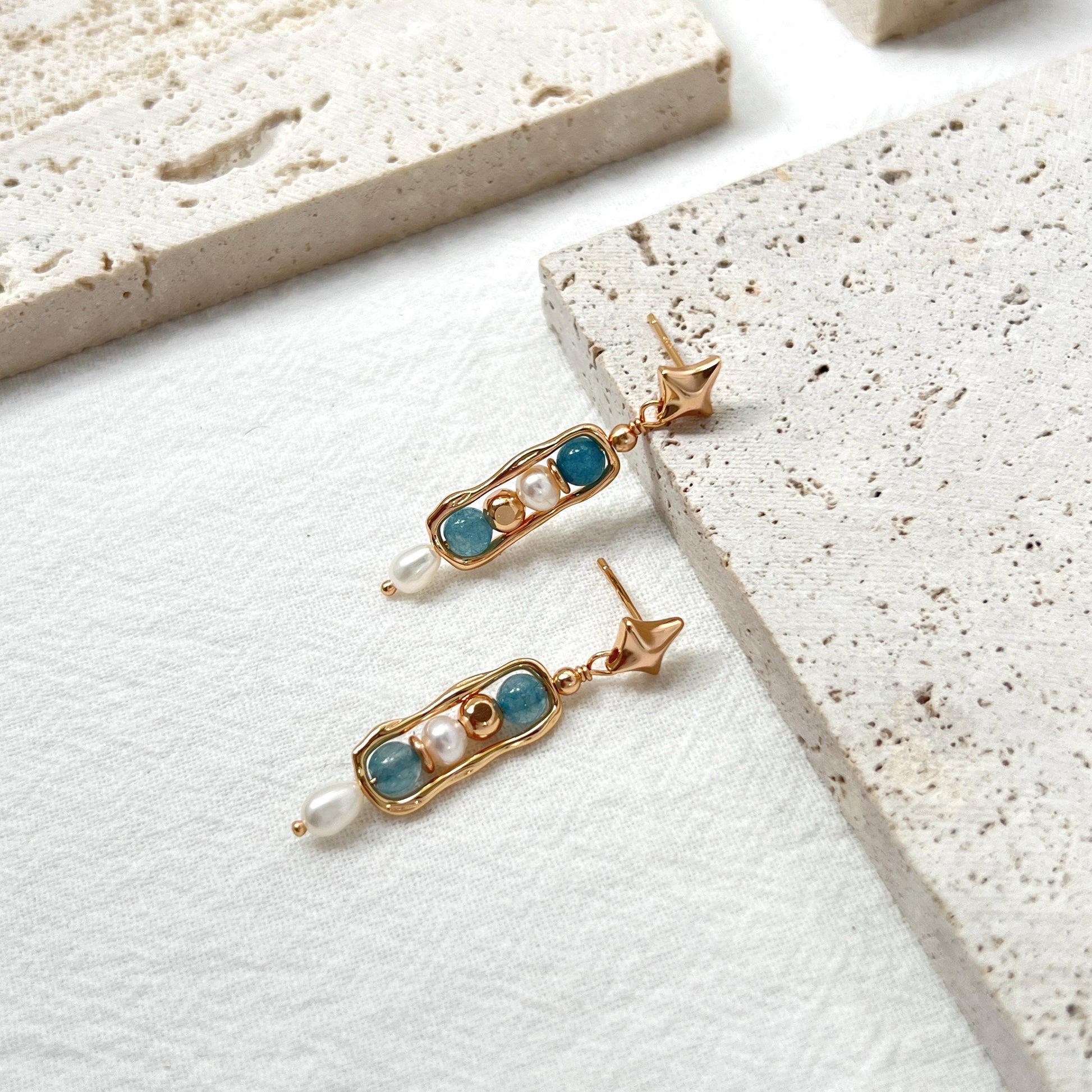 18K Gold Star Freshwater Pearl Gemstone Dangling Earrings,Dainty Blue Stone Drop Earrings,Minimalist Earrings Dangle,Birthday Gifts For Her