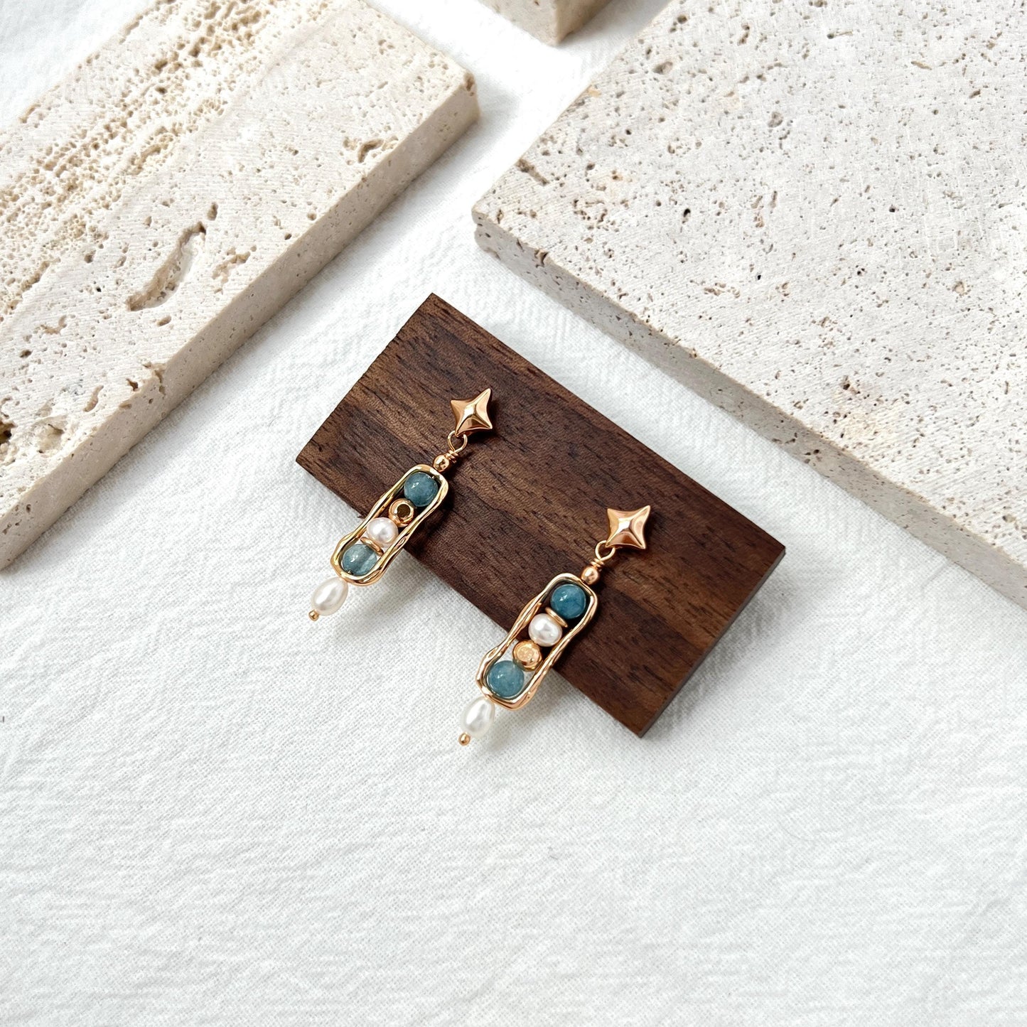 18K Gold Star Freshwater Pearl Gemstone Dangling Earrings,Dainty Blue Stone Drop Earrings,Minimalist Earrings Dangle,Birthday Gifts For Her