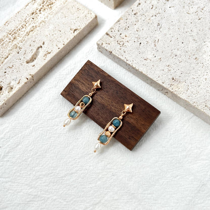 18K Gold Star Freshwater Pearl Gemstone Dangling Earrings,Dainty Blue Stone Drop Earrings,Minimalist Earrings Dangle,Birthday Gifts For Her