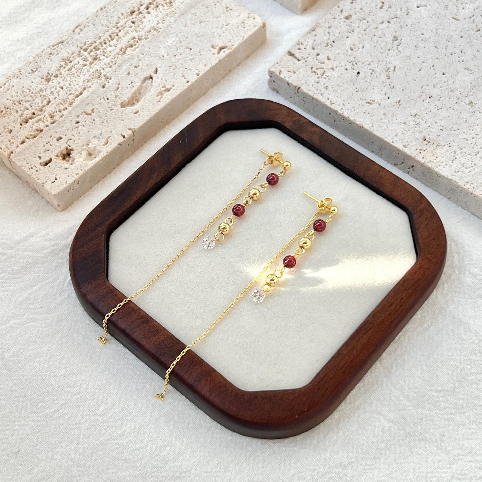18K Gold Garnet Gemstone Beaded Thread Dangle Earrings,Dainty Long Drop Threader Earrings,Minimalist Everyday Tassel Earrings,Birthday Gifts