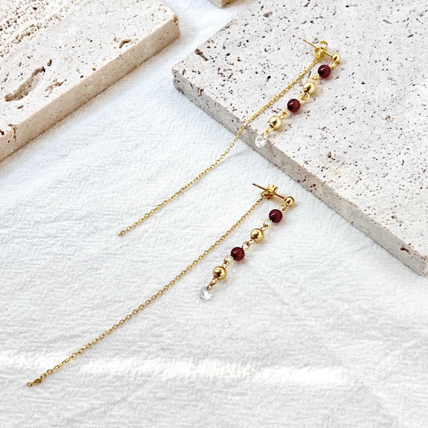 18K Gold Garnet Gemstone Beaded Thread Dangle Earrings,Dainty Long Drop Threader Earrings,Minimalist Everyday Tassel Earrings,Birthday Gifts