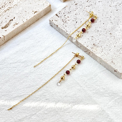 18K Gold Garnet Gemstone Beaded Thread Dangle Earrings,Dainty Long Drop Threader Earrings,Minimalist Everyday Tassel Earrings,Birthday Gifts