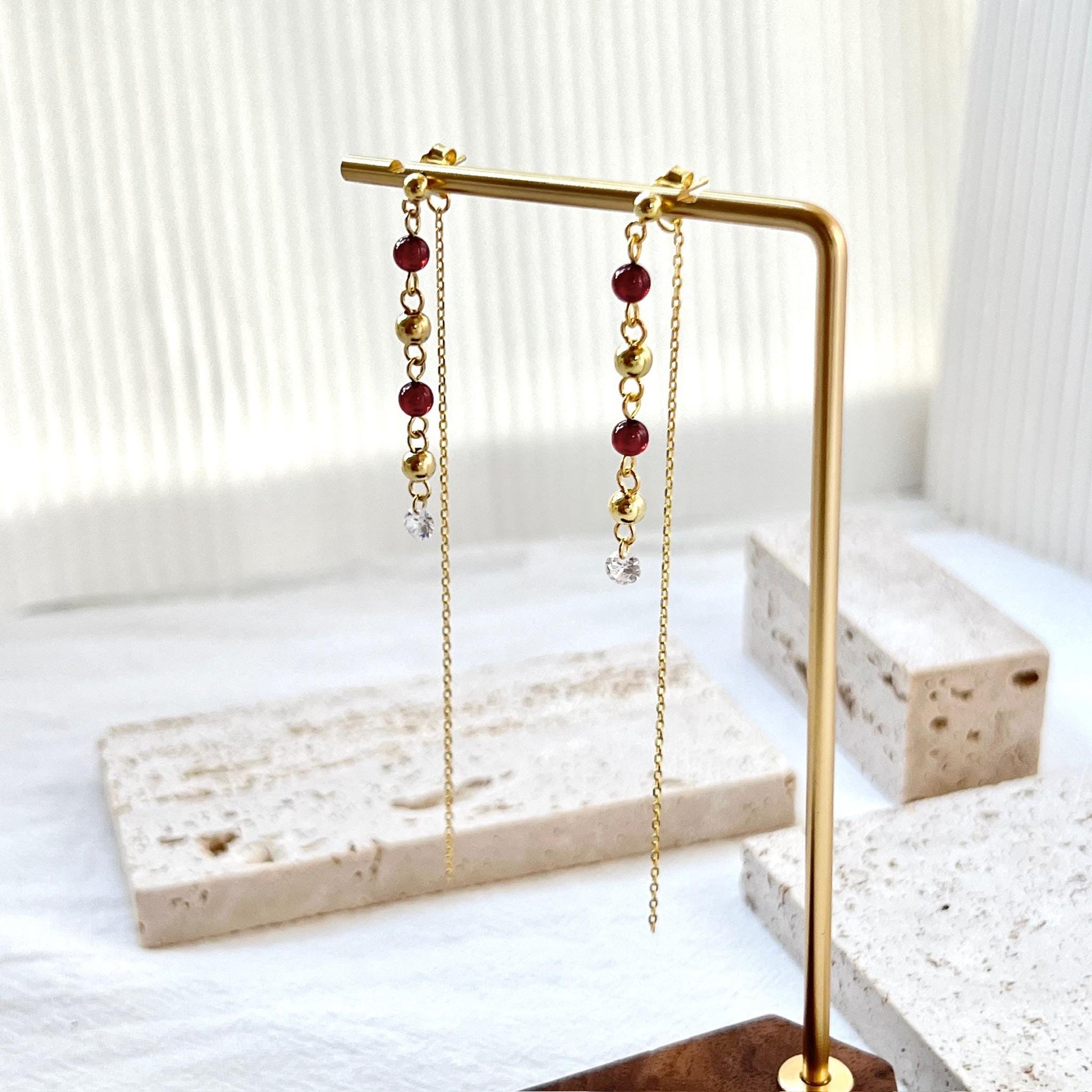 18K Gold Garnet Gemstone Beaded Thread Dangle Earrings,Dainty Long Drop Threader Earrings,Minimalist Everyday Tassel Earrings,Birthday Gifts