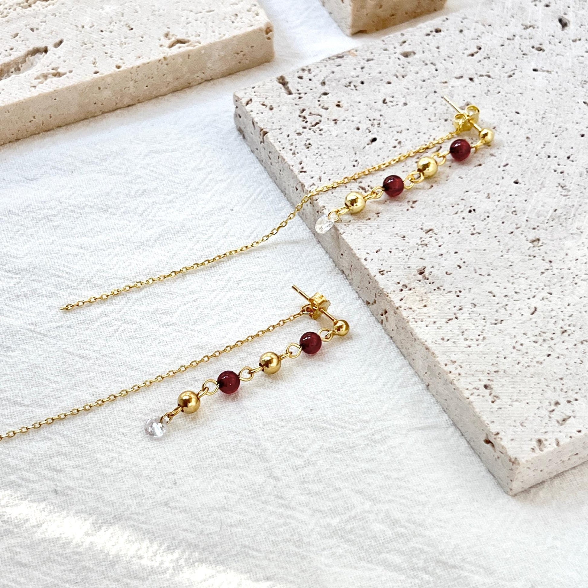 18K Gold Garnet Gemstone Beaded Thread Dangle Earrings,Dainty Long Drop Threader Earrings,Minimalist Everyday Tassel Earrings,Birthday Gifts