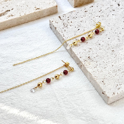 18K Gold Garnet Gemstone Beaded Thread Dangle Earrings,Dainty Long Drop Threader Earrings,Minimalist Everyday Tassel Earrings,Birthday Gifts