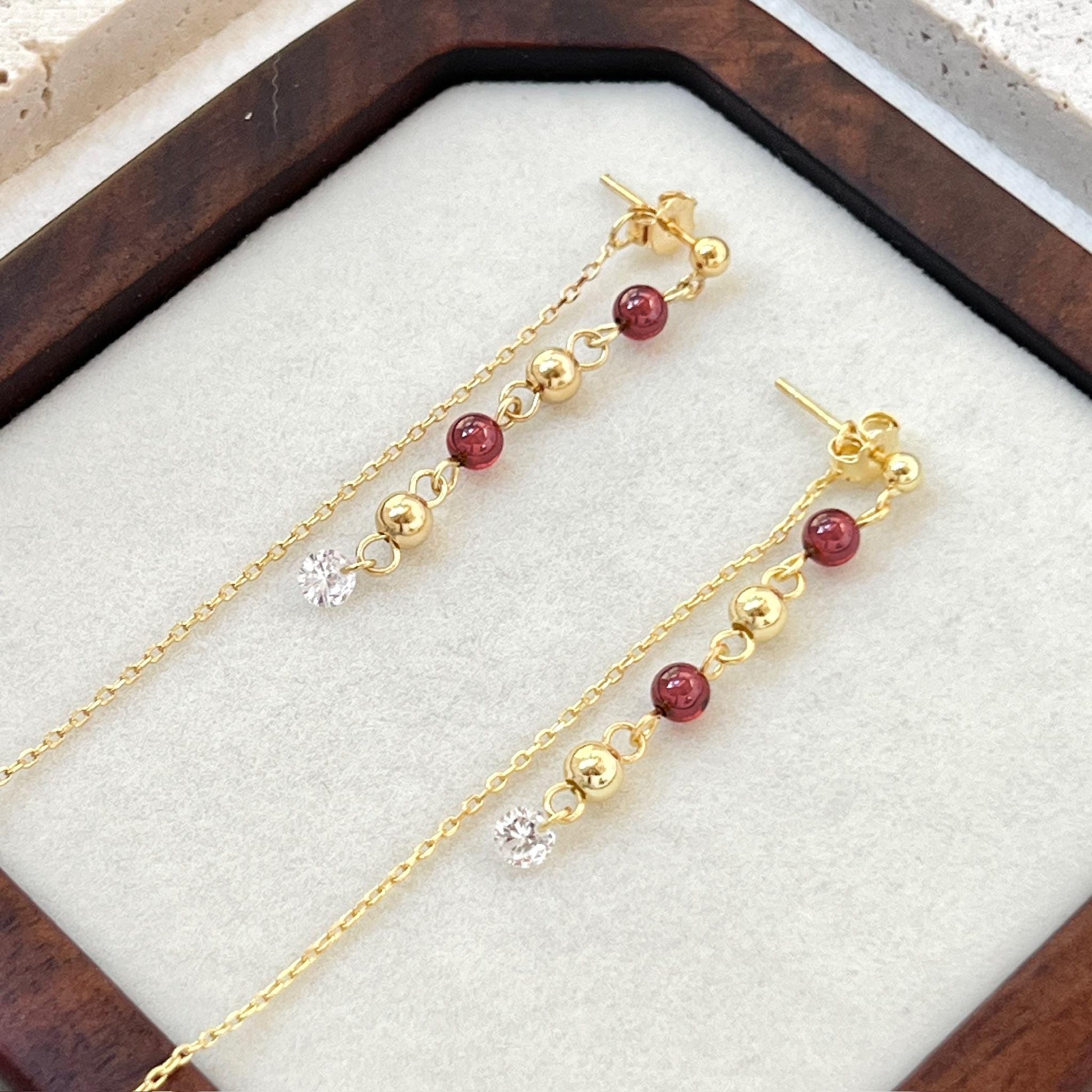 18K Gold Garnet Gemstone Beaded Thread Dangle Earrings,Dainty Long Drop Threader Earrings,Minimalist Everyday Tassel Earrings,Birthday Gifts