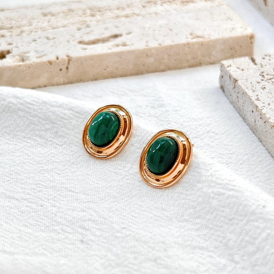 18K Vintage Gold Malachite Stud Earrings,Minimalist Green Gemstone Earrings Studs,Dainty Elegant Everyday Jewelry,Birthday Gifts For Mothers