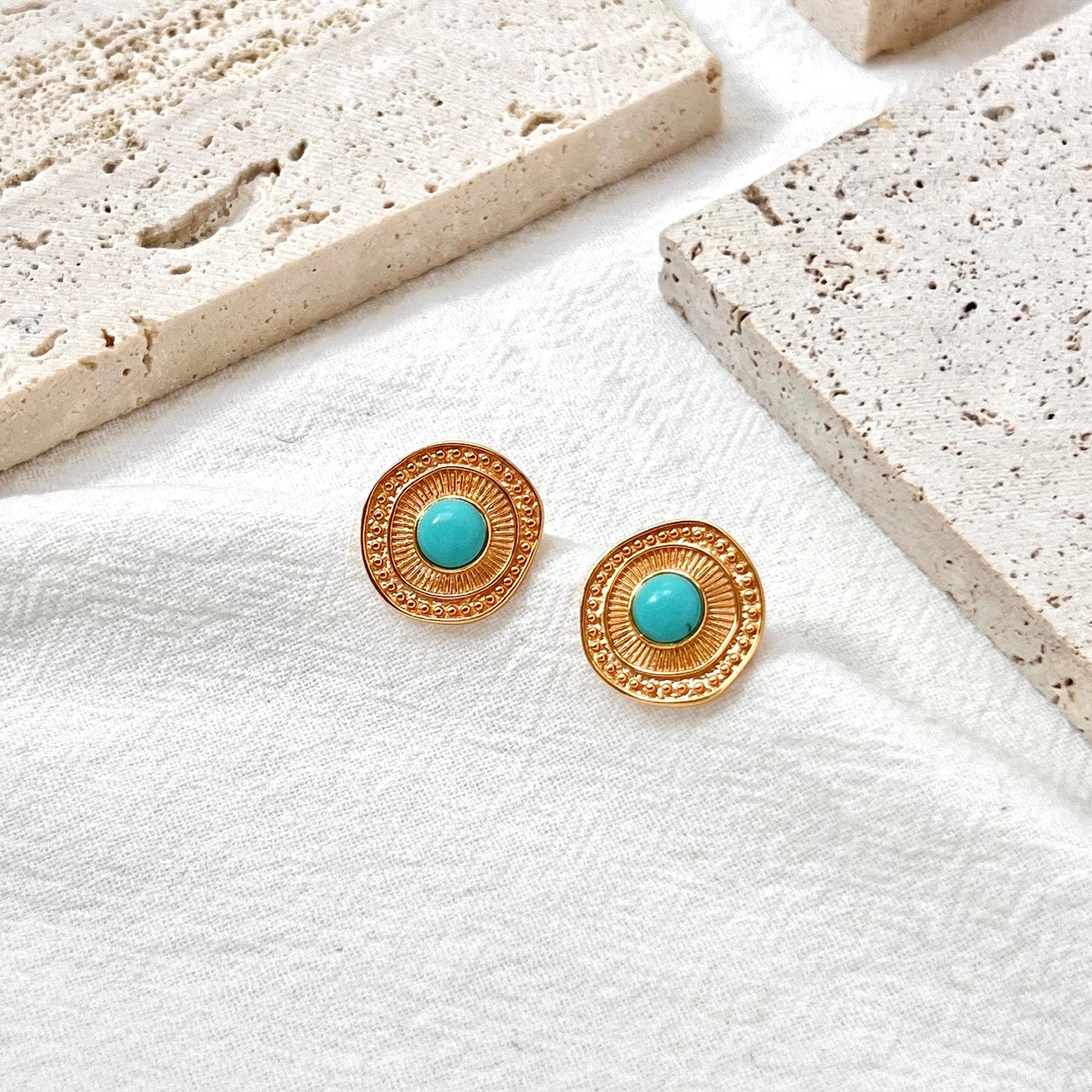 18K Vintage Gold Natural Turquoise Stud Earrings,Minimalist Blue Gemstone Earrings Studs,Elegant Everyday Earrings,Birthday Gift For Mother