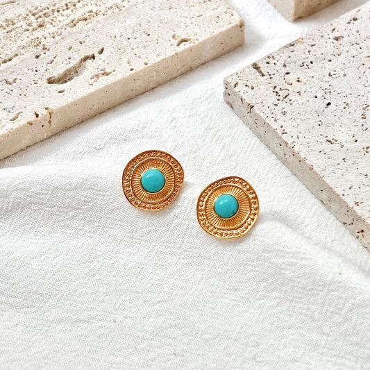 18K Vintage Gold Natural Turquoise Stud Earrings,Minimalist Blue Gemstone Earrings Studs,Elegant Everyday Earrings,Birthday Gift For Mother