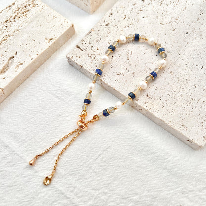 Dainty Baroque Pearl Lapis Lazuli Moonstone Beaded Bracelet,Minimalist Everyday Natural Gemstone Bead Bracelet,Birthday Gifts For Her