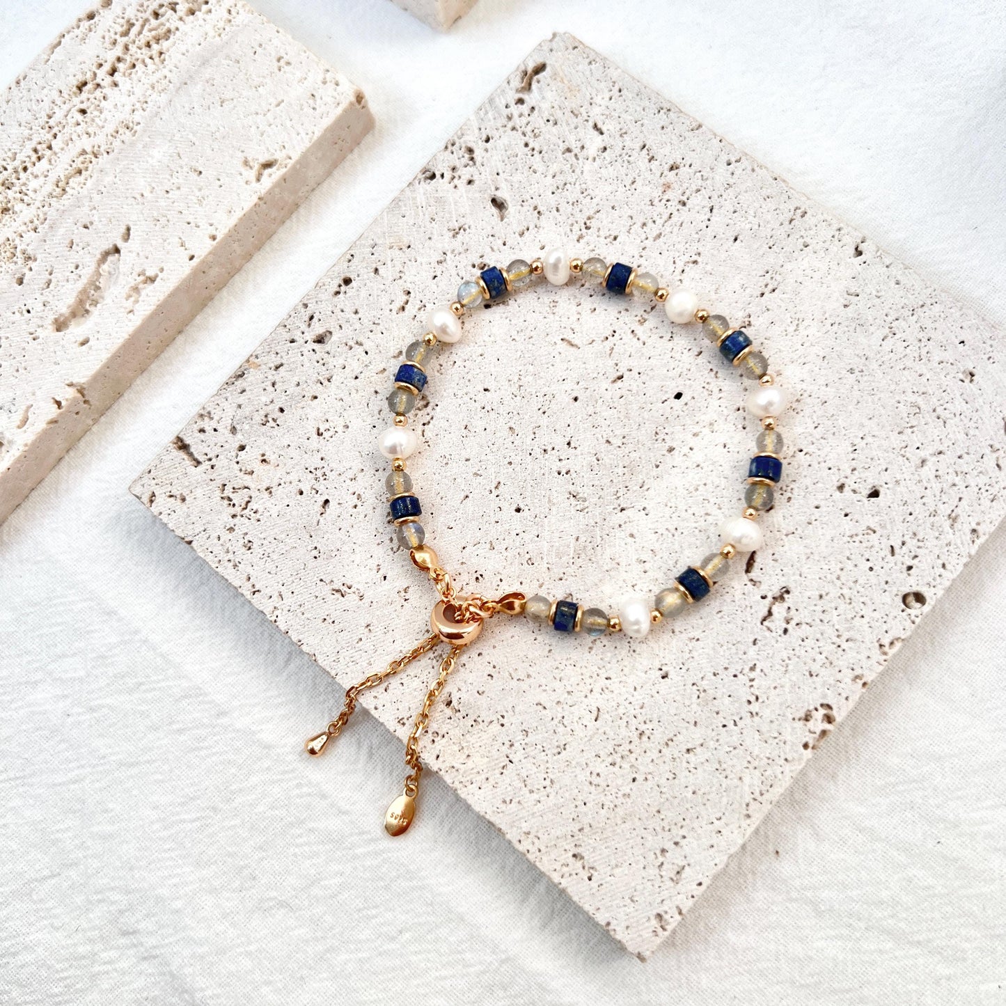 Dainty Baroque Pearl Lapis Lazuli Moonstone Beaded Bracelet,Minimalist Everyday Natural Gemstone Bead Bracelet,Birthday Gifts For Her