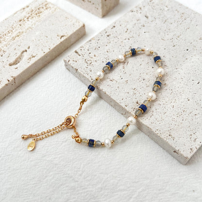Dainty Baroque Pearl Lapis Lazuli Moonstone Beaded Bracelet,Minimalist Everyday Natural Gemstone Bead Bracelet,Birthday Gifts For Her