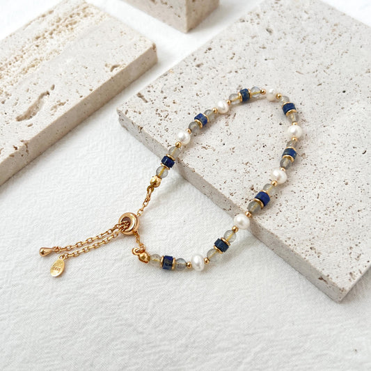 Dainty Baroque Pearl Lapis Lazuli Moonstone Beaded Bracelet,Minimalist Everyday Natural Gemstone Bead Bracelet,Birthday Gifts For Her