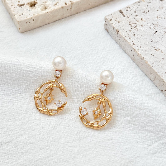 18K Gold Moon Star Celestial Pearl Dangle Earrings,Minimalist Dainty Everyday Drop Earrings,Wedding Jewelry,Christmas Birthday Gifts For Her