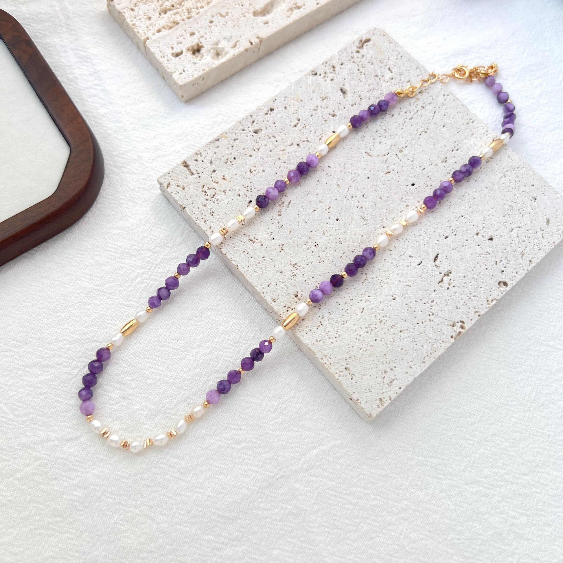 18K Gold Natural Freshwater Pearl Amethyst Necklace,Dainty Beaded Spiritual Jewelry,Healing Crystal Energy Necklace,Birthday Gifts For Her