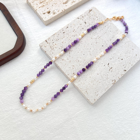 18K Gold Natural Freshwater Pearl Amethyst Necklace,Dainty Beaded Spiritual Jewelry,Healing Crystal Energy Necklace,Birthday Gifts For Her