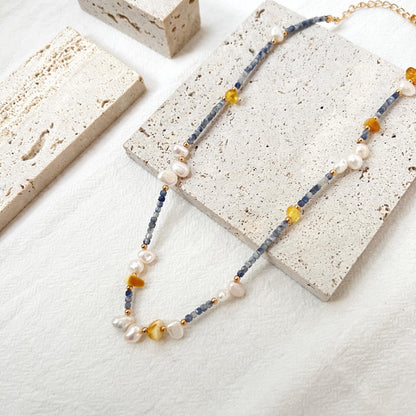 Colorful Dainty Baroque Pearl Lapis Lazuli Beeswax Beaded Choker Necklace,Minimalist Everyday Gemstone Necklace,Wedding Gifts,Birthday Gifts
