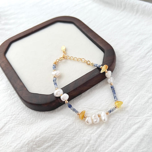 18K Gold Baroque Pearl Lapis Lazuli Beeswax Beaded Bracelet,Colorful Minimalist Dainty Everyday Bracelet,Wedding Gift,Birthday Gift For Her