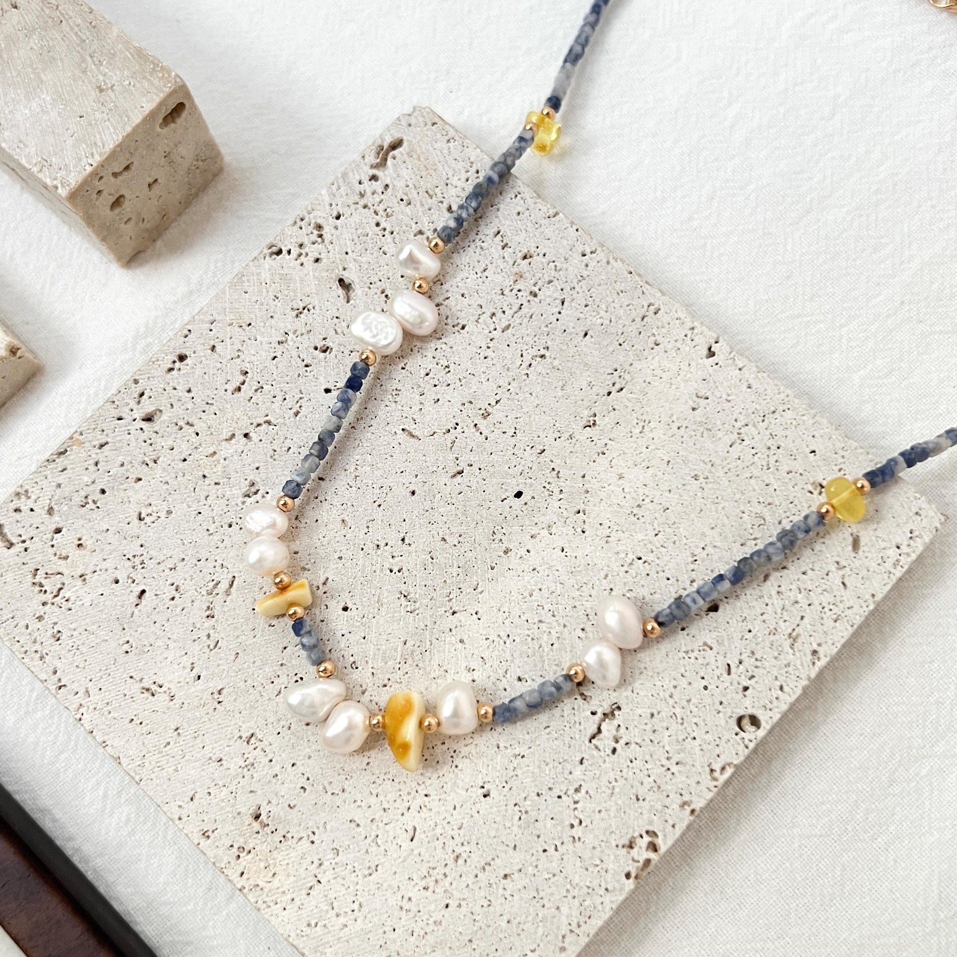 Colorful Dainty Baroque Pearl Lapis Lazuli Beeswax Beaded Choker Necklace,Minimalist Everyday Gemstone Necklace,Wedding Gifts,Birthday Gifts