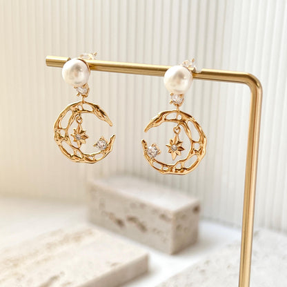 18K Gold Moon Star Celestial Pearl Dangle Earrings,Minimalist Dainty Everyday Drop Earrings,Wedding Jewelry,Christmas Birthday Gifts For Her