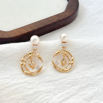 18K Gold Moon Star Celestial Pearl Dangle Earrings,Minimalist Dainty Everyday Drop Earrings,Wedding Jewelry,Christmas Birthday Gifts For Her