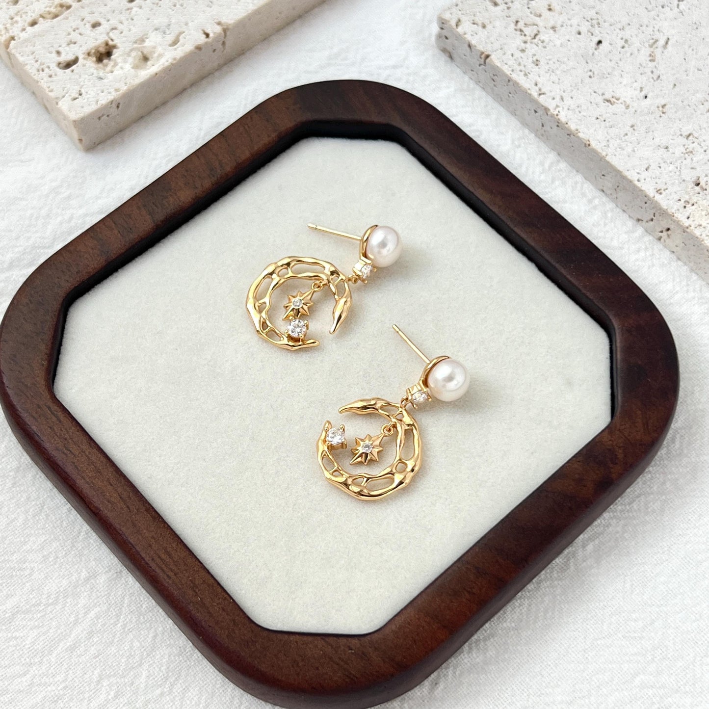 18K Gold Moon Star Celestial Pearl Dangle Earrings,Minimalist Dainty Everyday Drop Earrings,Wedding Jewelry,Christmas Birthday Gifts For Her