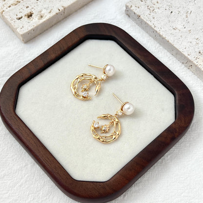 18K Gold Moon Star Celestial Pearl Dangle Earrings,Minimalist Dainty Everyday Drop Earrings,Wedding Jewelry,Christmas Birthday Gifts For Her