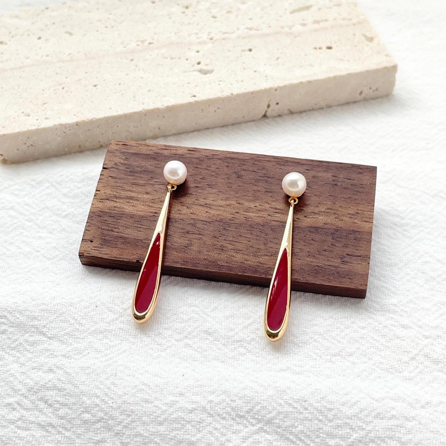 18K Gold Real Pearl Long Dangle Earrings,Dainty Red Enamel Drop Earrings,Minimalist New Year Earrings,Christmas Gift,Birthday Gift For Her