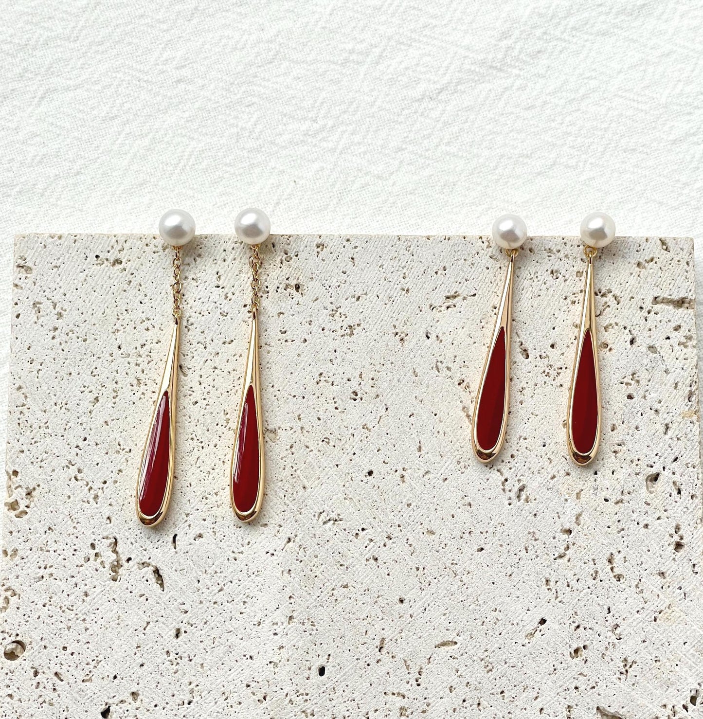 18K Gold Real Pearl Long Dangle Earrings,Dainty Red Enamel Drop Earrings,Minimalist New Year Earrings,Christmas Gift,Birthday Gift For Her