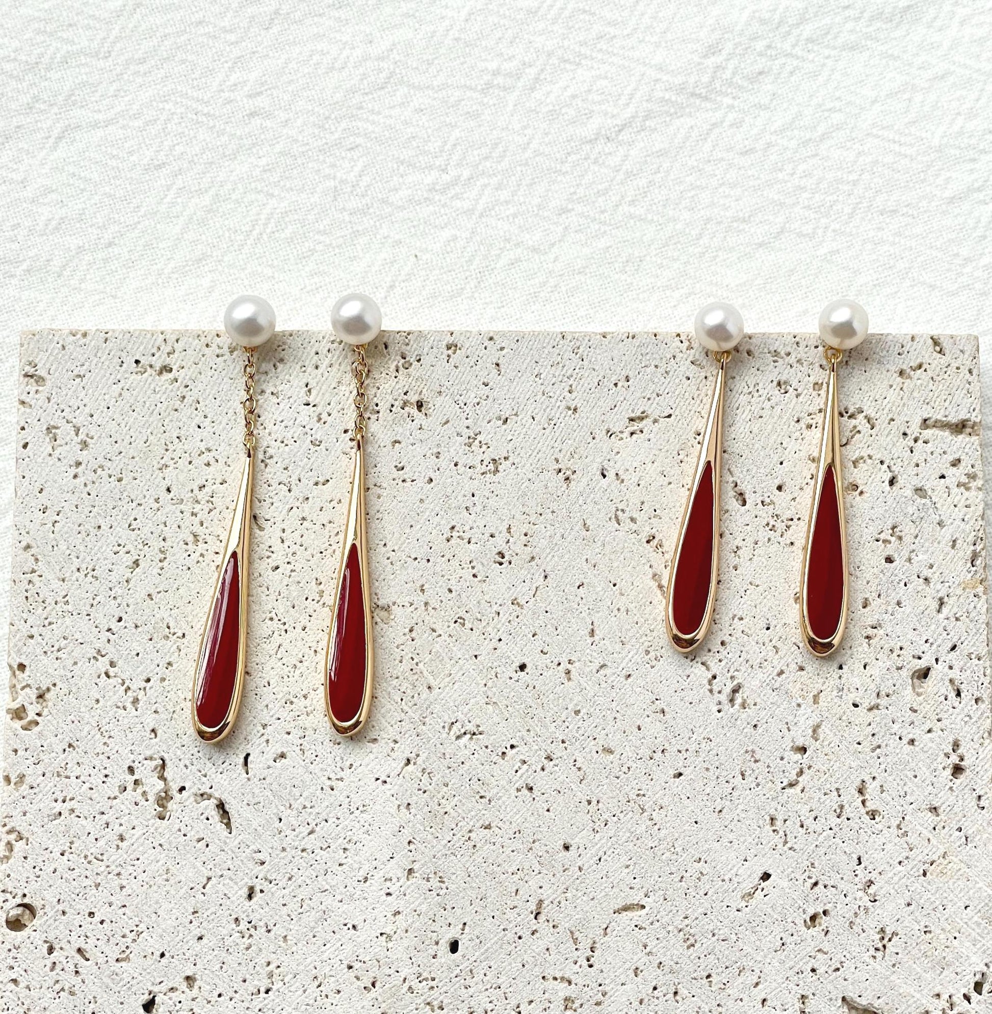 18K Gold Real Pearl Long Dangle Earrings,Dainty Red Enamel Drop Earrings,Minimalist New Year Earrings,Christmas Gift,Birthday Gift For Her