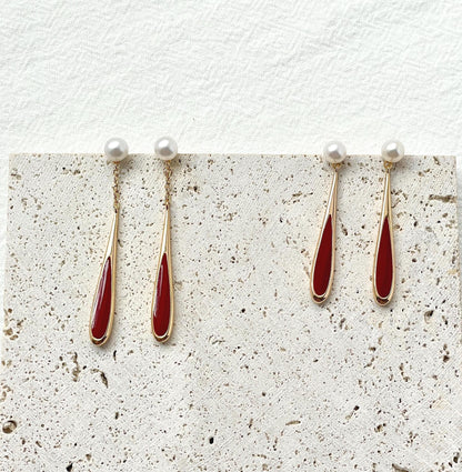 18K Gold Real Pearl Long Dangle Earrings,Dainty Red Enamel Drop Earrings,Minimalist New Year Earrings,Christmas Gift,Birthday Gift For Her