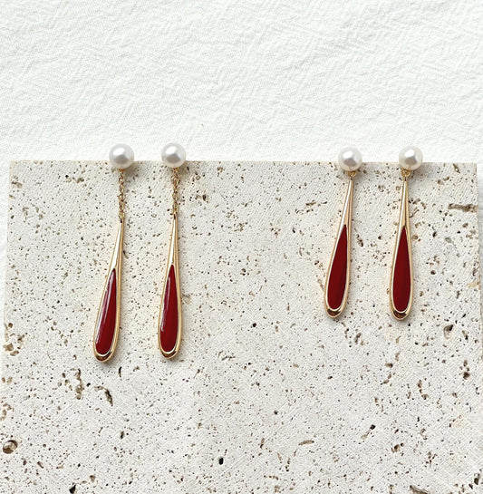 18K Gold Real Pearl Long Dangle Earrings,Dainty Red Enamel Drop Earrings,Minimalist New Year Earrings,Christmas Gift,Birthday Gift For Her