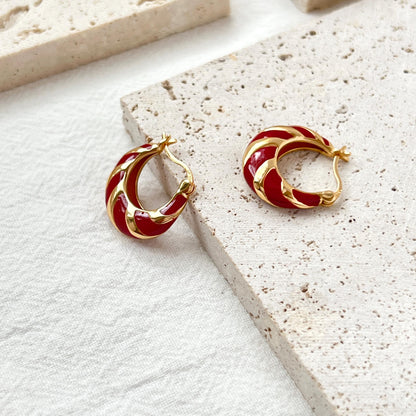 18K Gold Dainty Red Enamel Earrings Hoop,Minimalist Huggie Hoops,Daily Basic Everyday Tiny Earrings,Birthday Christmas New Year Gift For Her