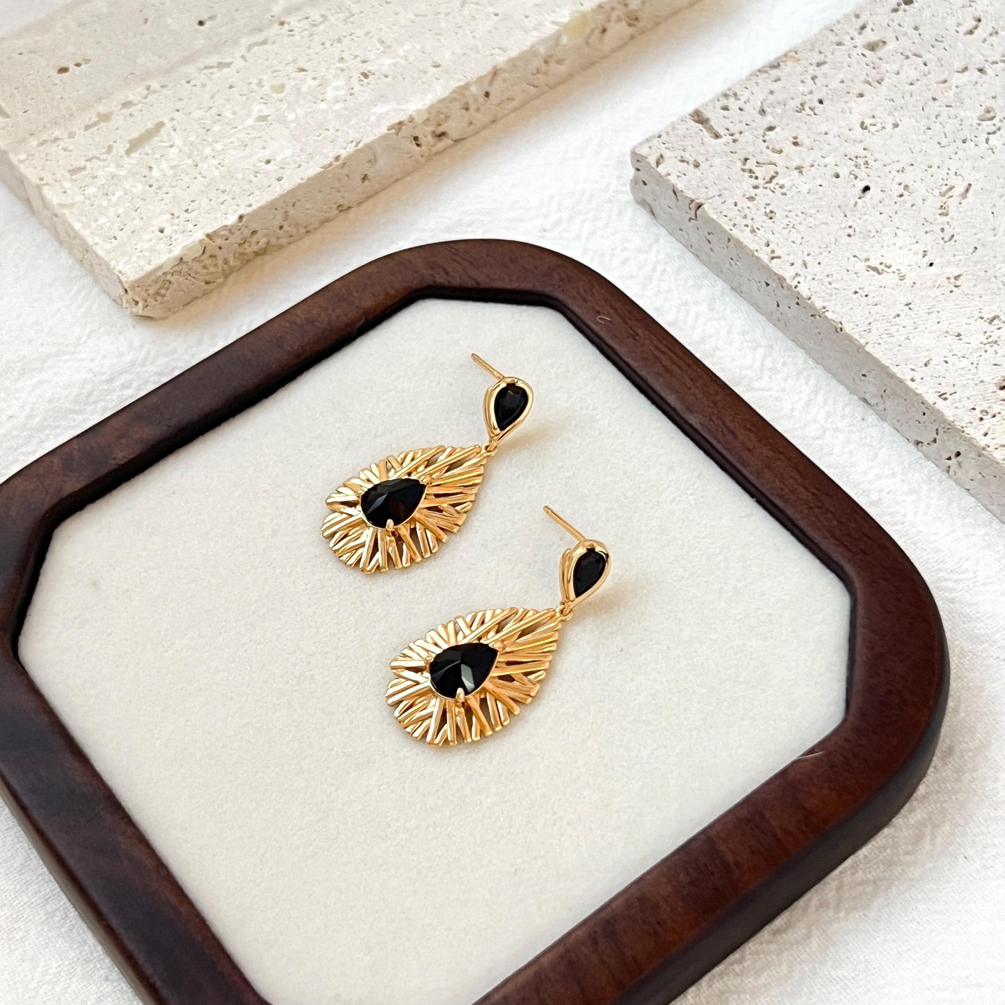 18K Vintage Gold Black CZ Sunburst Dangling Earrings,Dainty Teardrop Sun Dangle Earrings,Minimalist Everyday Jewelry,Birthday Gifts For Her